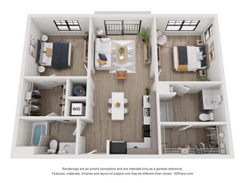 Floor plan for 2 beds, 2 baths, 1110 sqft